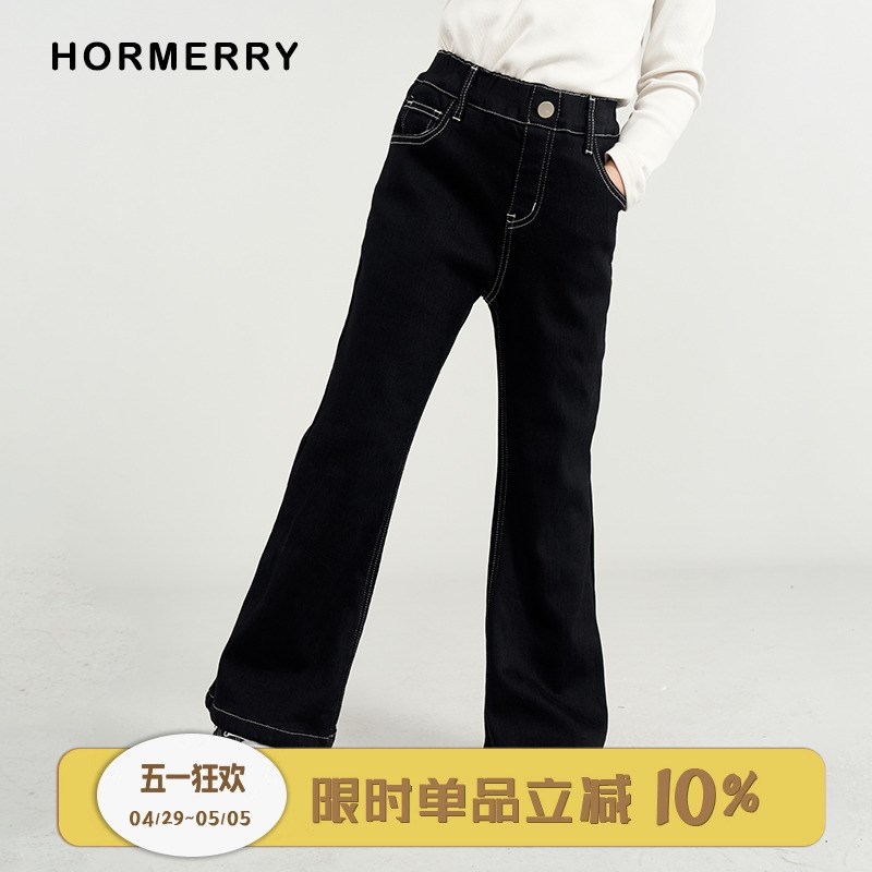 赫米童装 2024秋冬儿童百搭加绒牛仔喇叭裤女童牛仔长裤加厚洋气