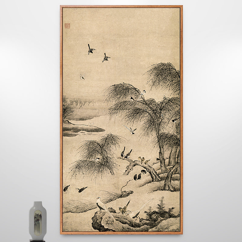柳汀聚禽图花鸟画新中式装饰画走廊过道竖版挂画仿古中国风壁画