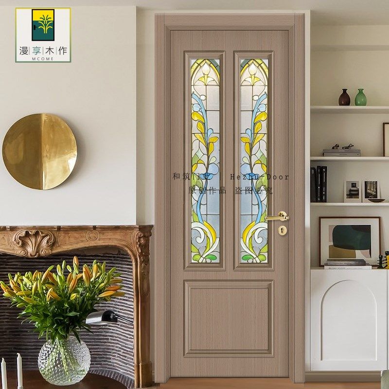漫享木作实木玻璃门无漆环保平开门房间门套装木门中古风彩绘房门