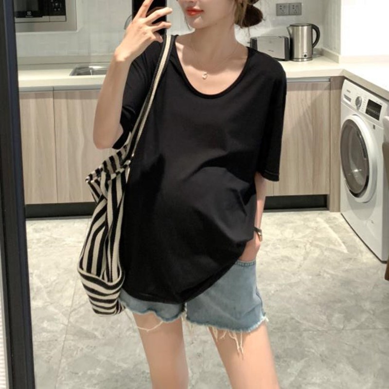 孕妇短袖上衣夏装白色o圆领韩版孕妇装纯棉宽松中长款t恤打底衫新