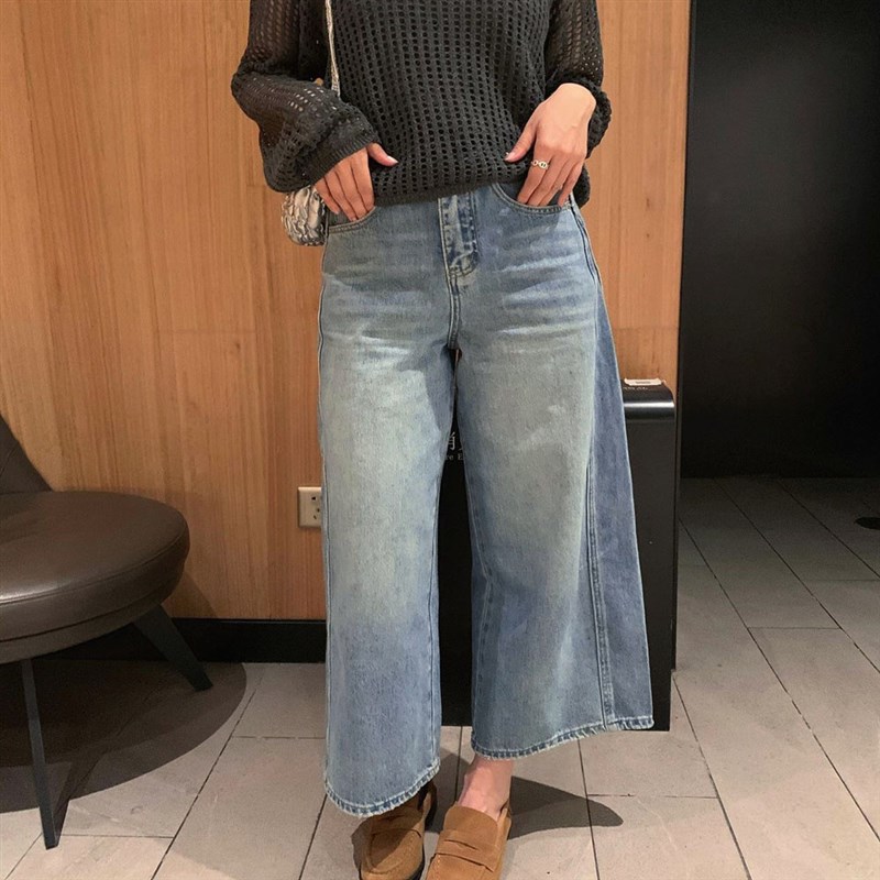 徐蹦蹦 版型好显瘦 韩版春夏浅牛仔蓝A字宽松阔腿牛仔裤九分裤女