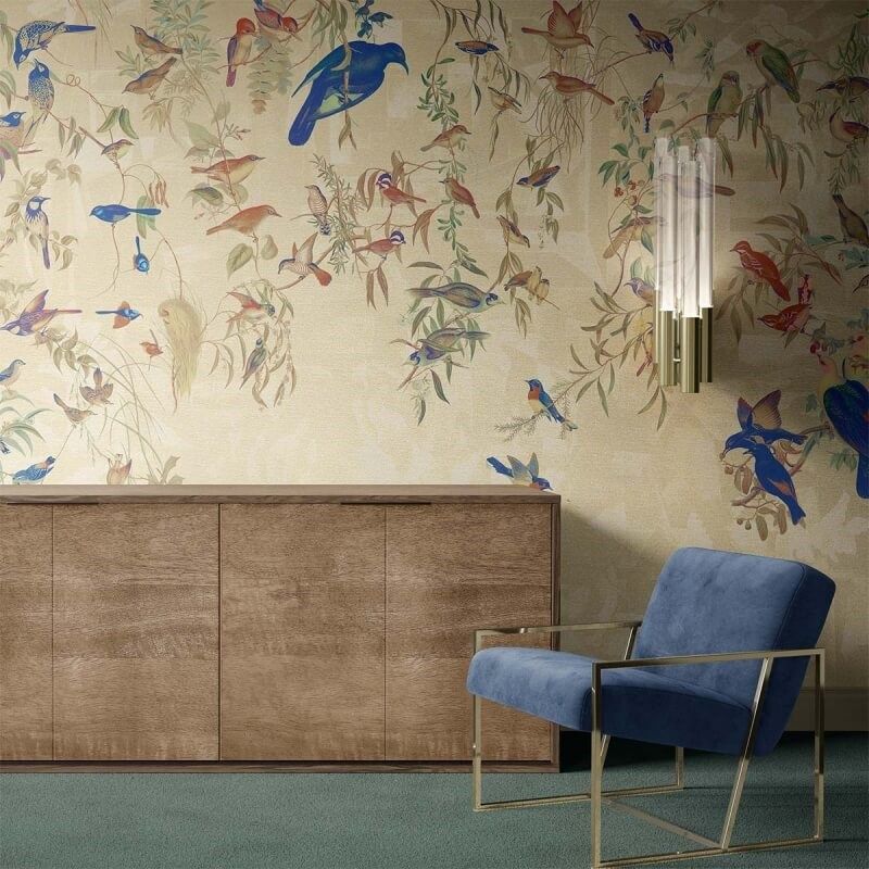 美式田园植物花鸟壁纸墙布新中式花鸟法式简美轻奢卧室客厅背景墙,家装主材,定制壁画,淘宝优惠券,粉丝福利购,淘宝优惠卷