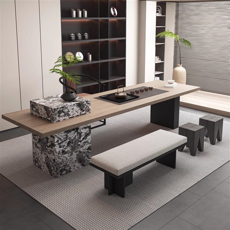 新中式轻奢实木茶桌椅组合现代简约岩板泡茶桌办公室会客茶台家具