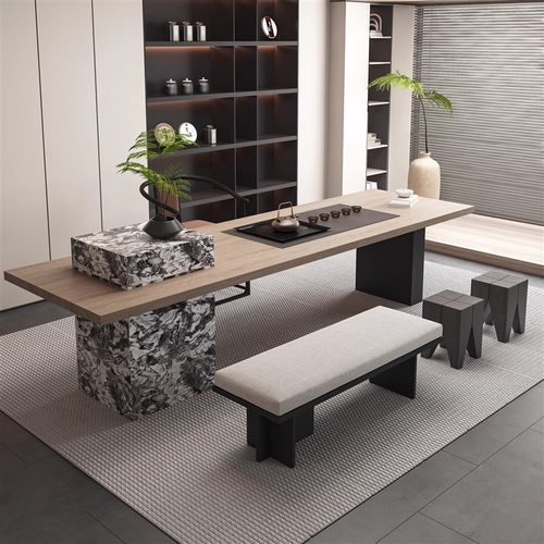 新中式轻奢实木茶桌椅组合现代简约岩板泡茶桌办公室会客茶台家具