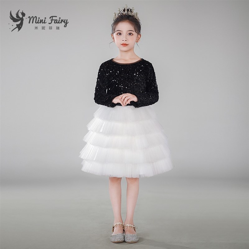 女儿童高端钢琴演出服黑白配x色蛋糕蓬蓬网纱裙秋冬长袖表演公主