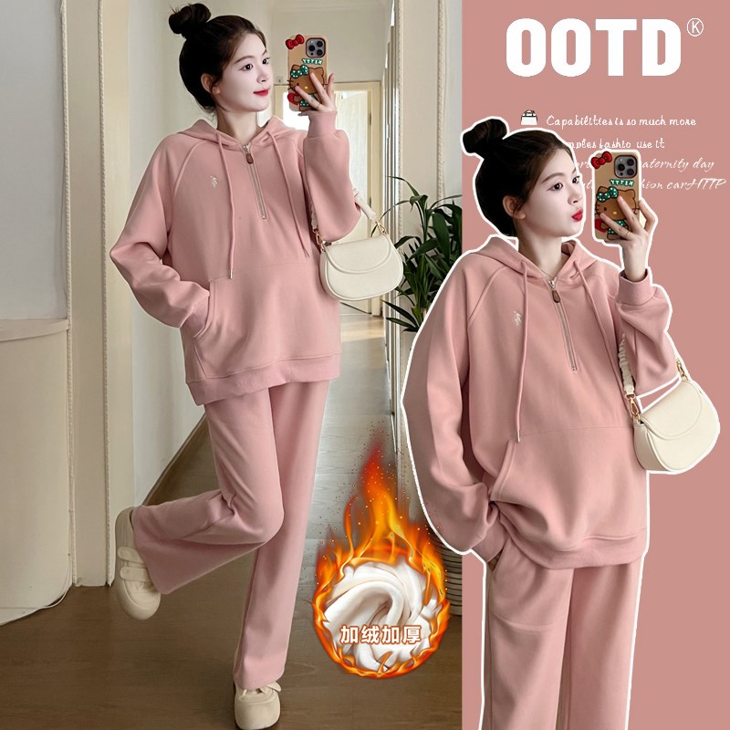 孕妇装冬装2023新款网s红加绒加厚连帽卫衣休闲套装长袖上衣两件