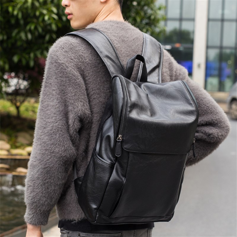 新款2021潮流男士双肩包 斜跨软皮男士旅行包学生书包磨砂背包