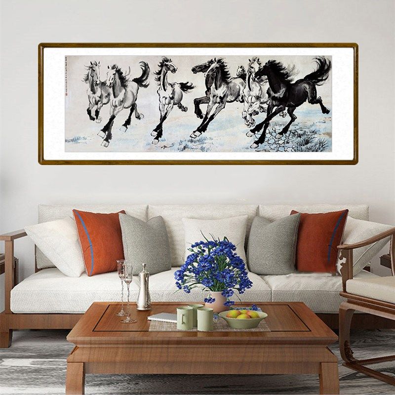 马到成功挂画新中式客厅装饰画办公室背景墙水墨国画徐悲鸿八骏图,家居饰品,国画,淘宝优惠券,粉丝福利购,淘宝优惠卷
