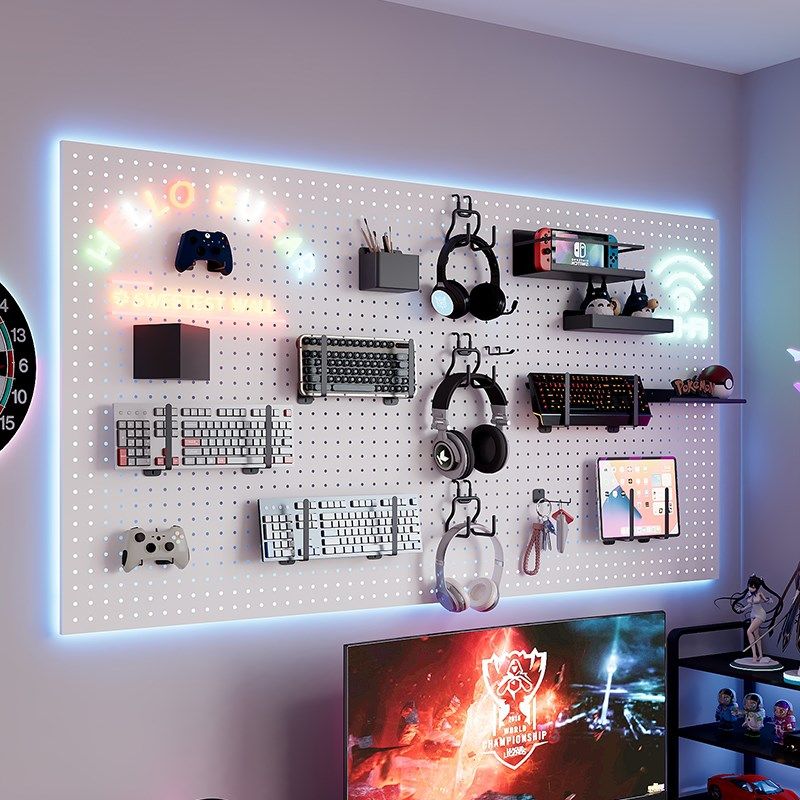 电竞房洞洞板定制黑色墙上置物架电脑桌墙面收纳氛围灯装饰展示架,住宅家具,搁板/置物架/家用陈列架,淘宝优惠券,粉丝福利购,淘宝优惠卷
