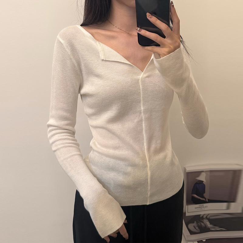 25年春季新款微透针织衫女薄款打底衫显瘦V领修身设计感白色长袖