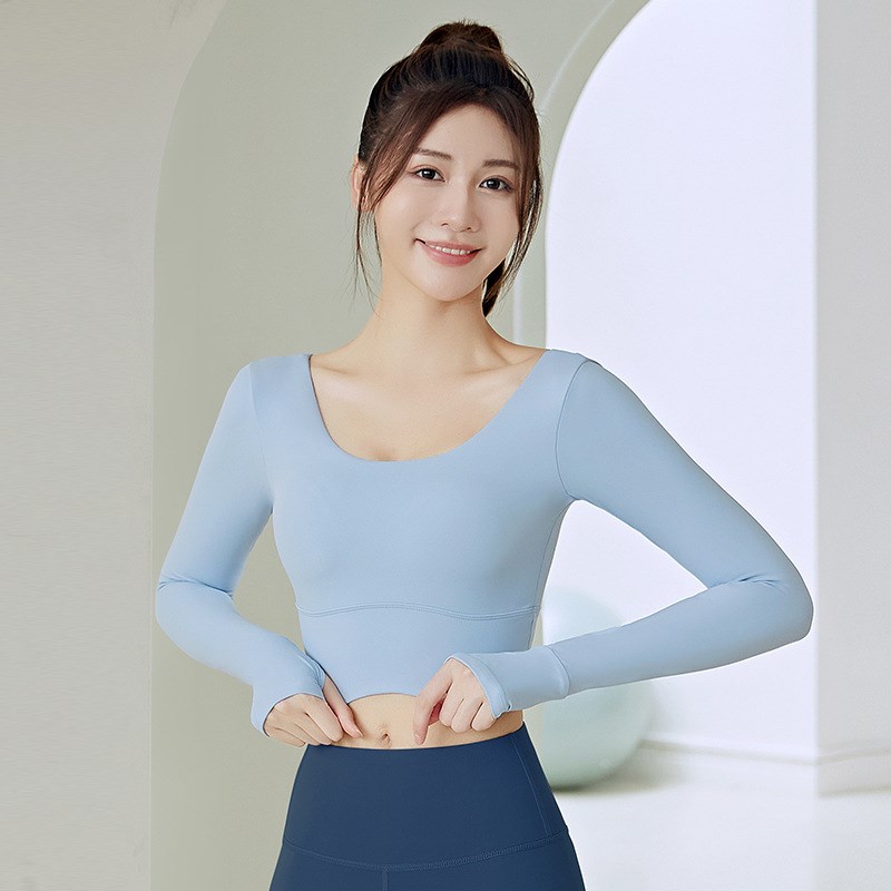 新短款纯色速干紧身跑步露脐带胸垫外穿运动健身T长袖瑜伽服上衣