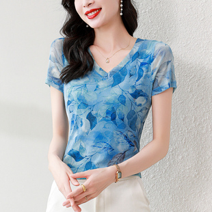 夏季V领短袖T恤女2024新款修身遮肉网纱上衣气质减龄绝美洋气小衫