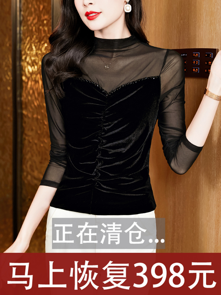 半高领金丝绒打底衫褶皱烫钻上衣