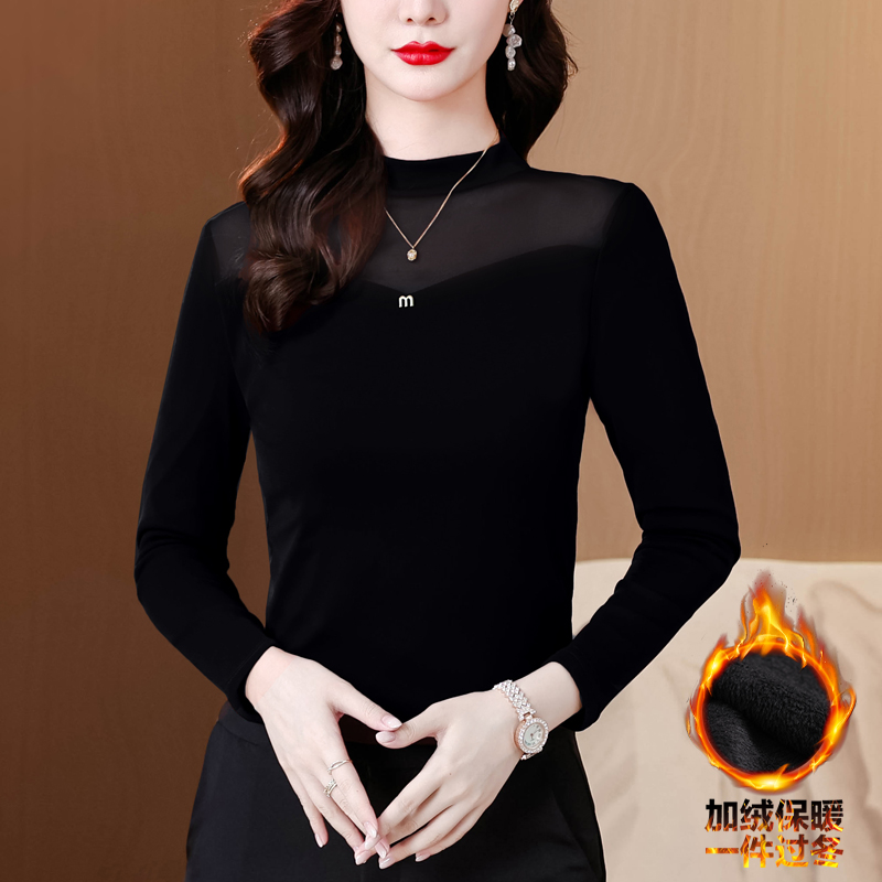 秋冬新款加绒加厚蕾丝打底衫女大码内搭长袖T恤遮肚显瘦网纱上衣