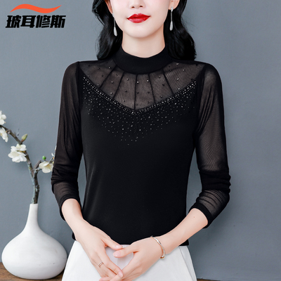 黑色半高领烫钻加绒加厚洋气打底衫女士保暖亲肤高端蕾丝大码上衣