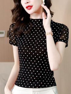 半高领洋气小衫 波点短袖 新款 上衣内搭透气纱衣夏季 t恤女紧身薄款