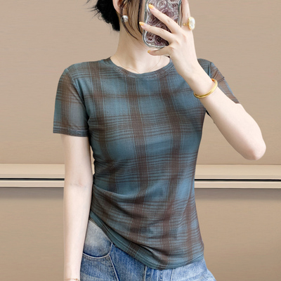 夏季薄款网纱短袖T恤女气质修身格子印花上衣百搭显瘦圆领体恤潮