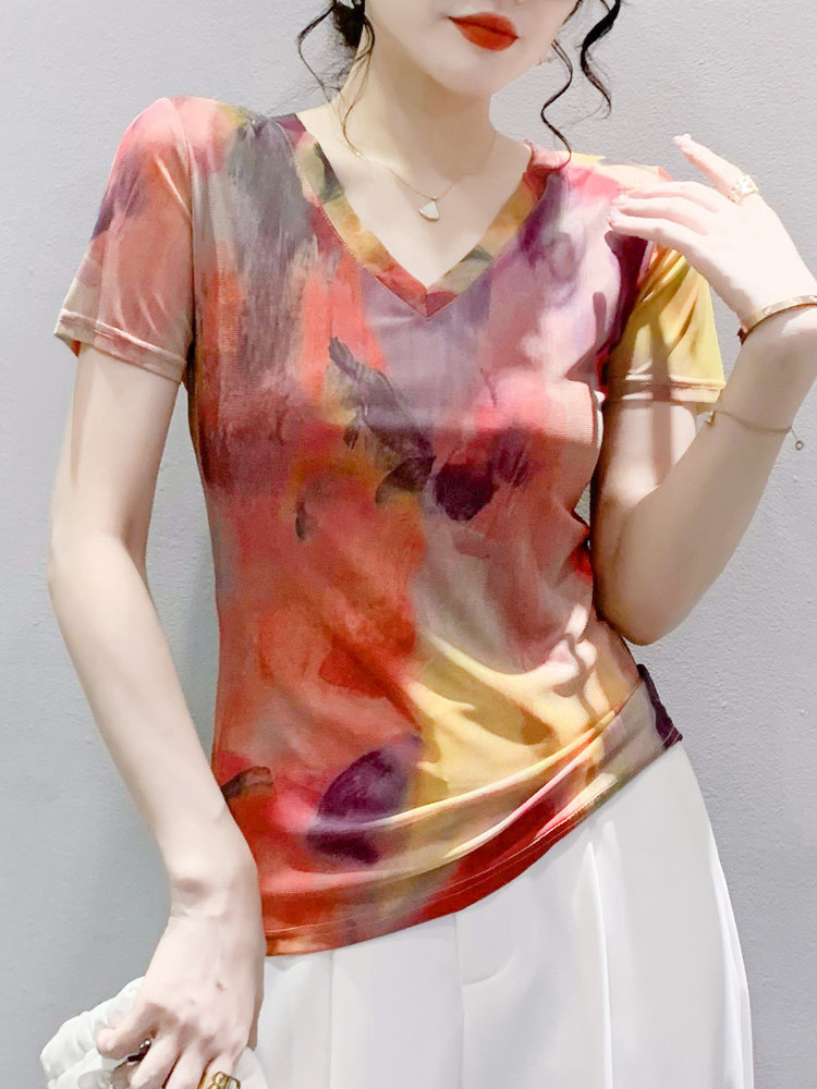 夏季新款时尚v领短袖t恤女修身显瘦网纱上衣漂亮印花百搭洋气小衫