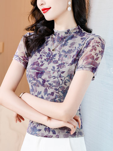 半高领印花蕾丝网纱短袖T恤女夏
