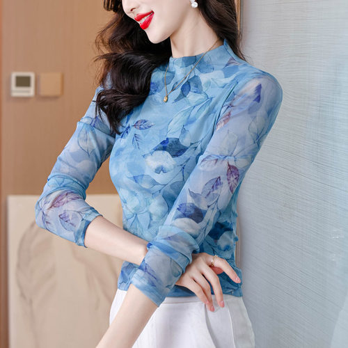 春季半高领网纱长袖印花打底衫