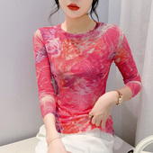 T恤减龄洋气打底衫 长袖 欧货修身 圆领印花网纱上衣女秋冬2024新款