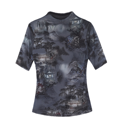 夏季薄款印花短袖t恤女网纱上衣