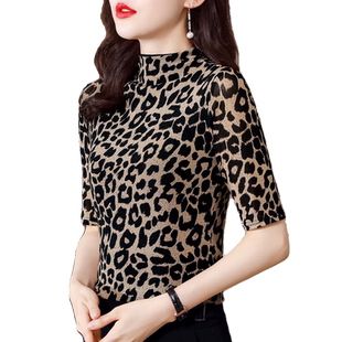 夏季中袖网纱T恤女韩版大码豹纹百搭半高领上衣修身洋气妈妈小衫