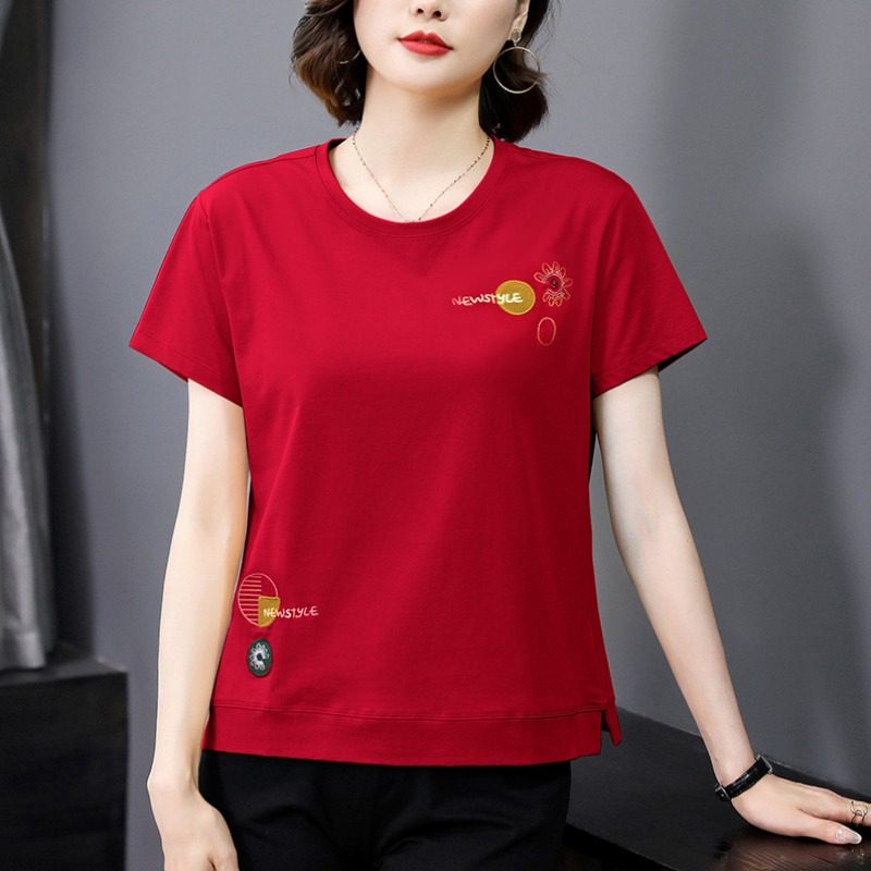红色女士妈妈纯棉t恤女夏季新款圆领刺绣宽松大码遮肚子,女装/女士精品,大码内搭,淘宝优惠券,粉丝福利购,淘宝优惠卷