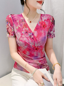 交叉V领短袖 显瘦网纱上衣洋气小衫 T恤女2024夏季 压褶修身 新款 韩版