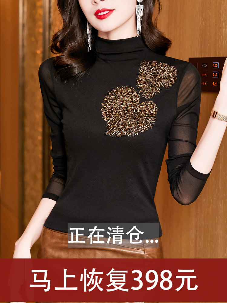 韩版网纱上衣半高领打底衫女秋冬新款烫钻洋气小衫内搭长袖t恤潮,女装/女士精品,蕾丝衫/雪纺衫,淘宝优惠券,粉丝福利购,淘宝优惠卷