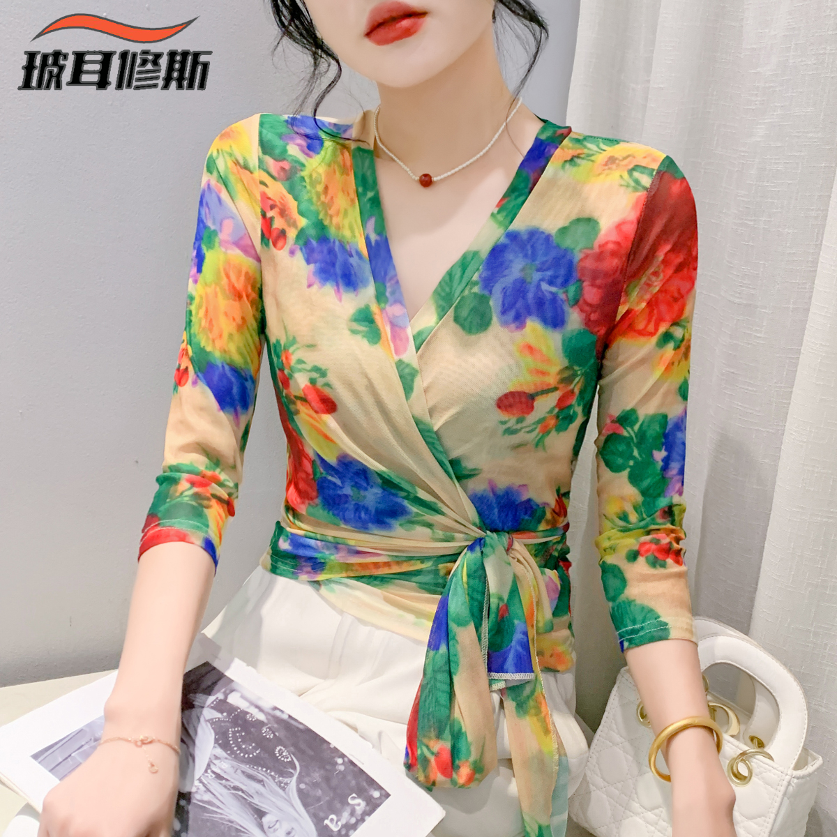 夏装交叉V领系带薄款开衫外套女大码防晒衣春秋季七分袖网纱上衣