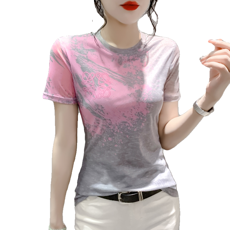 洋气圆领短袖T恤女夏季新款时尚百搭印花上衣修身显瘦网纱打底衫
