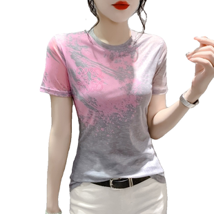 洋气圆领短袖T恤女夏季新款时尚百搭印花上衣修身显瘦网纱打底衫