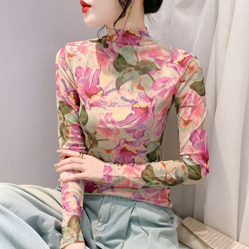 半高领网纱打底衫女春装新款修身内搭长袖T恤减龄洋气定位花上衣,女装/女士精品,蕾丝衫/雪纺衫,淘宝优惠券,粉丝福利购,淘宝优惠卷