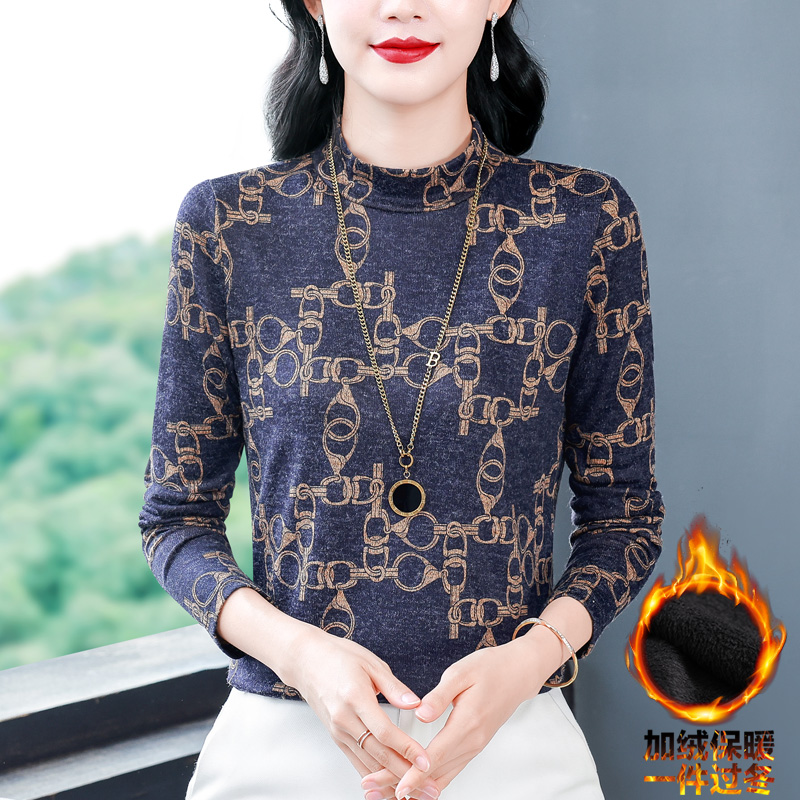 加绒加厚花色长袖德绒打底衫女秋冬新款修身内搭T恤上衣洋气小衫