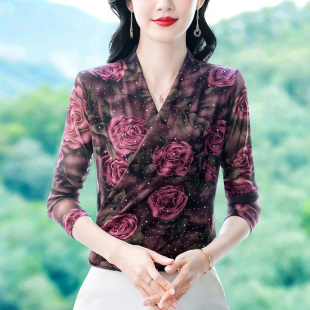 洋气烫钻长袖 新款 T恤显瘦内搭上衣潮 女秋季 气质V领网纱印花打底衫
