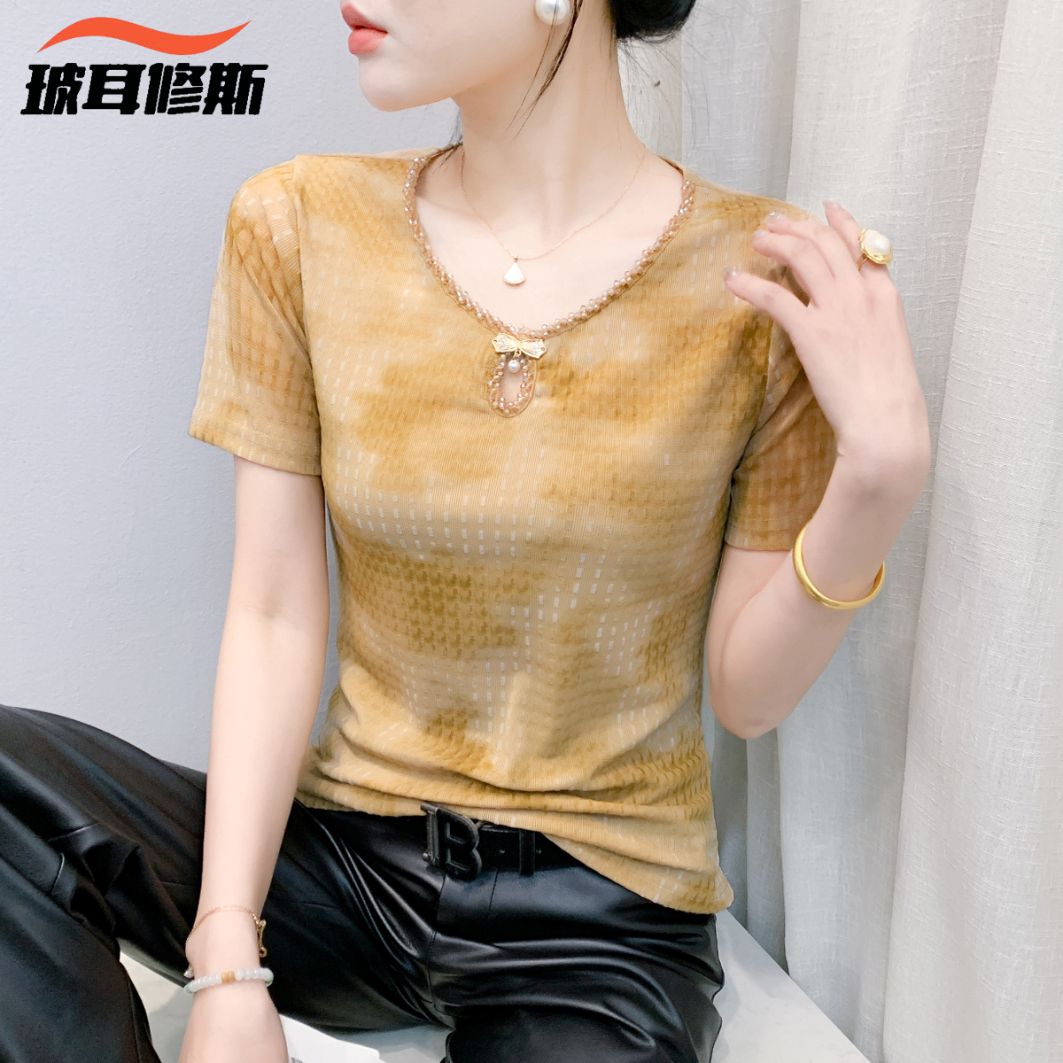 欧洲站圆领烫钻网纱t恤女时尚洋气2025新款短袖夏装修身显瘦上衣