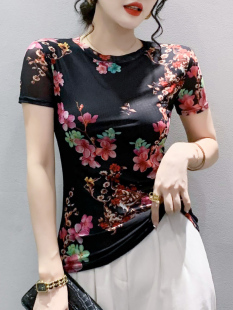 弹力圆领上衣时髦花色蕾丝洋气小衫 夏季 T恤女修身 新款 薄 网纱短袖