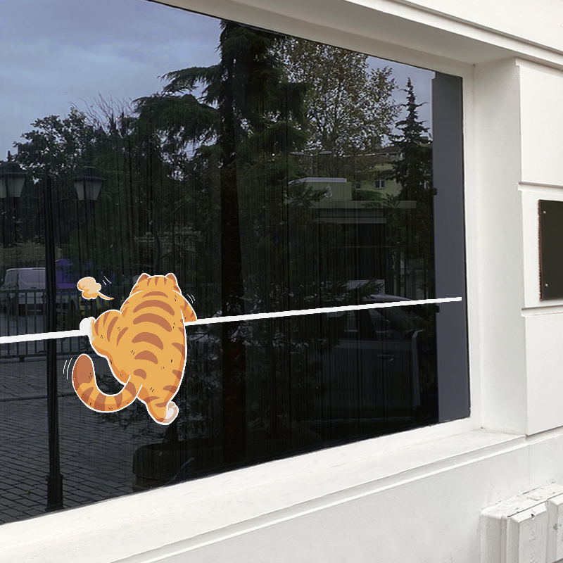 创意线条加菲猫腰线玻璃门贴膜装饰店铺提示防撞条卡通橱窗门贴画