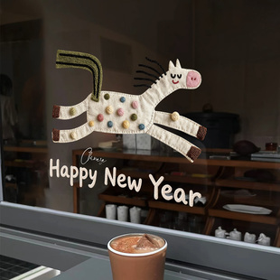 ins风卡通布艺马年装饰玻璃贴纸新年氛围感橱窗布置元旦春节静电