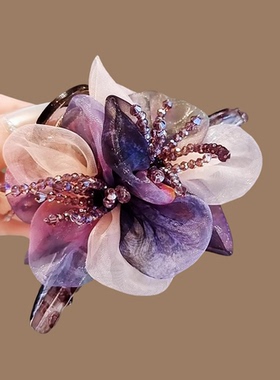 新款法式晕染梦幻紫色花朵抓夹大号女高级感鲨鱼夹盘发夹复古发卡