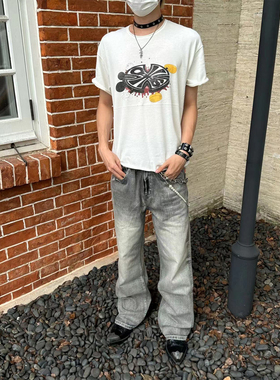 Erole 2024秋糜烂破洞烟灰银破坏直筒宽松牛仔裤做旧baggy长裤