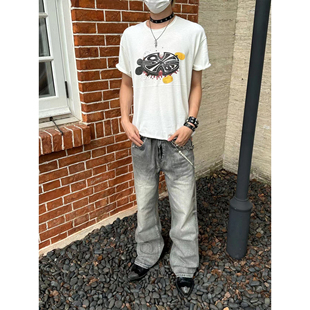 做旧baggy长裤 Erole 2024秋糜烂破洞烟灰银破坏直筒宽松牛仔裤