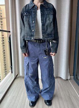 Erole 法工蓝水洗做旧格纹贴布工装裤 宽松阔腿baggy泼墨重磅长裤