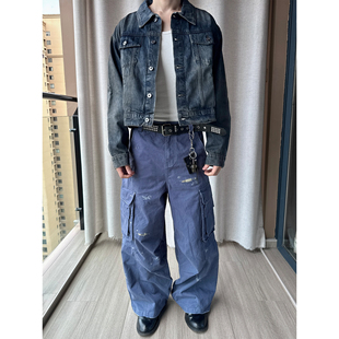 宽松阔腿baggy泼墨重磅长裤 裤 法工蓝水洗做旧格纹贴布工装 Erole