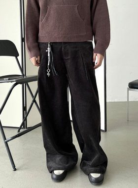 Erole 2024冬贡针绣重磅打褶Baggy阔腿灯芯绒西裤长裤老钱休闲裤