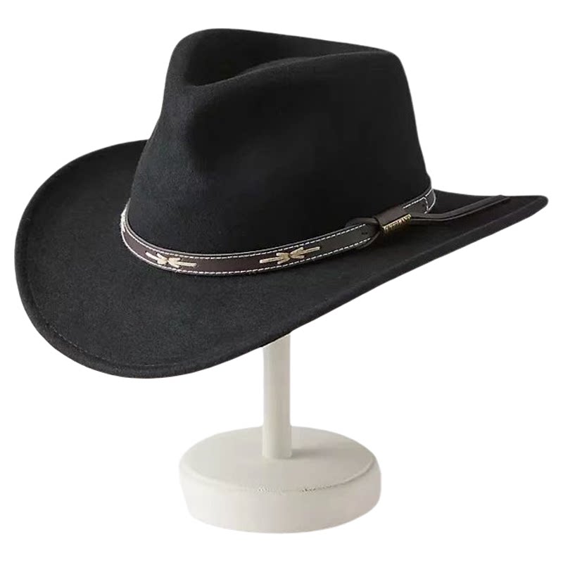 欧美羊毛呢牛仔帽皮带配饰男士弯沿爵士礼帽秋冬帽 Cowboy Hat