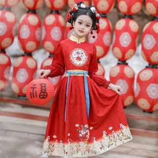 女童汉服国风玉兔连体马面裙儿童明制红色古风连衣裙中秋灯会表演