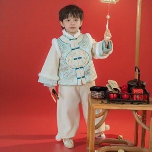 蓝玉男童汉服中式国风唐装少爷服蓝色帅气儿童加厚过年战袍两件套