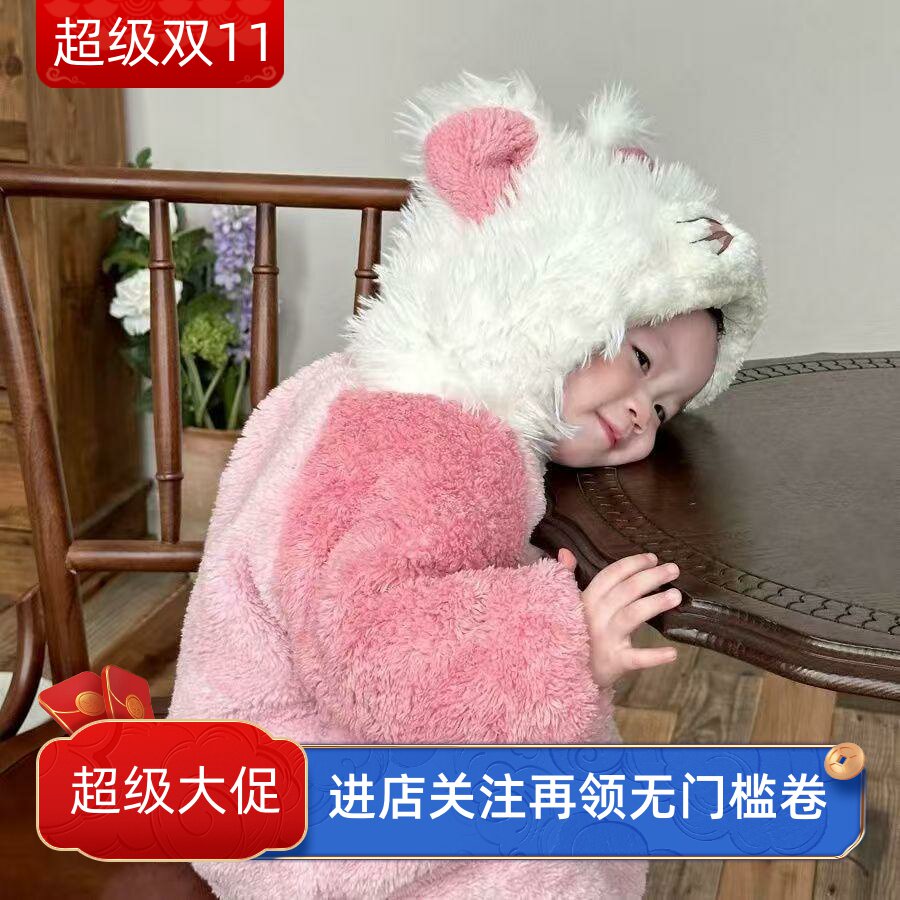小猫女宝宝爬爬服冬季儿童加绒连体衣睡衣女童珊瑚绒婴幼儿家居服